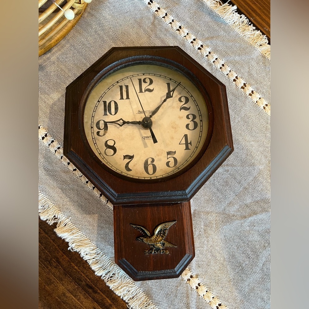 Sunset Time Vintage Wooden Wall Clock with Eagle Design, works.